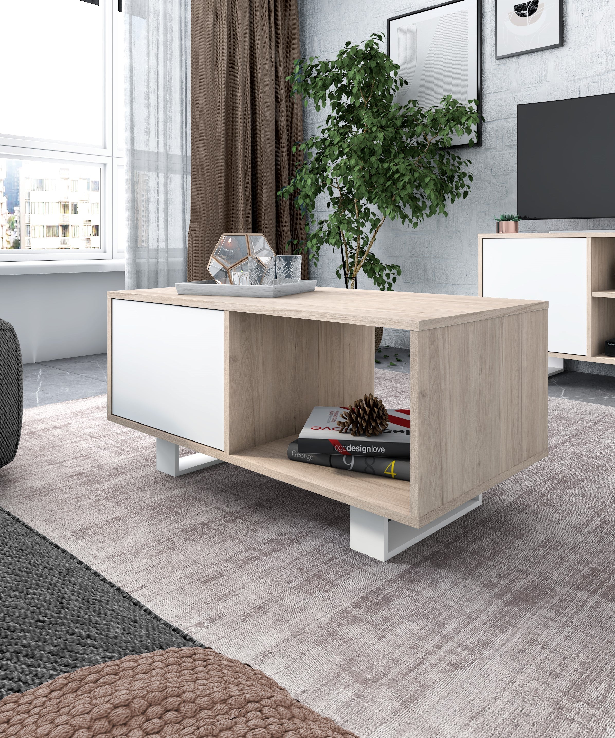 Mobile per Soggiorno composto da 1 Credenza, 1 Mobile TV140 e 1 Tavolino, colore Rovere e Bianco con Gambe Bianche