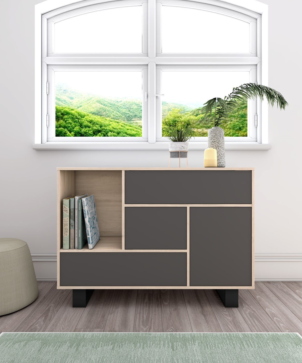 Mobile per Soggiorno composto da 1 Credenza, 1 Mobile TV140 e 1 Tavolino, colore Rovere e Grigio con Gambe Nere