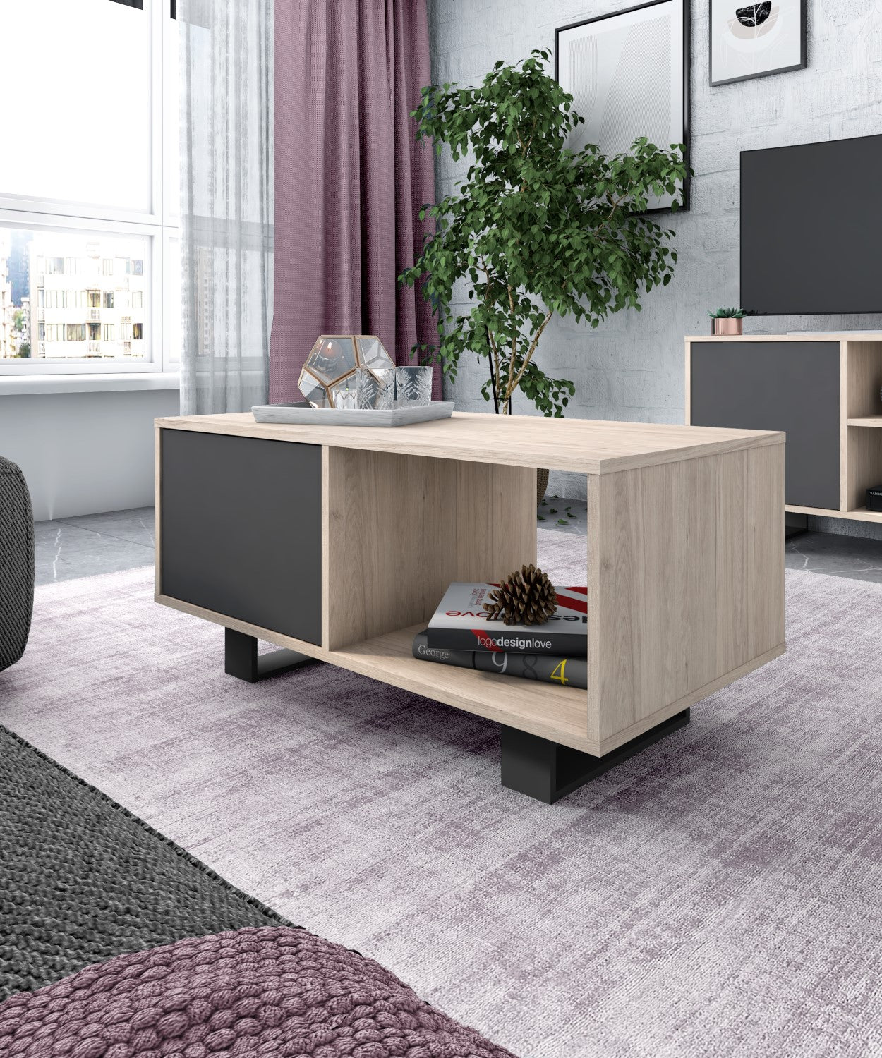 Mobile per Soggiorno composto da 1 Credenza, 1 Mobile TV140 e 1 Tavolino, colore Rovere e Grigio con Gambe Nere