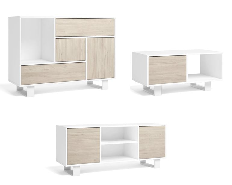 Set Wind, Set di Mobili per Soggiorno, composto da 1 Credenza, 1 Mobile TV140 e 1 Tavolino, Bianco/Rovere, Gambe Bianche