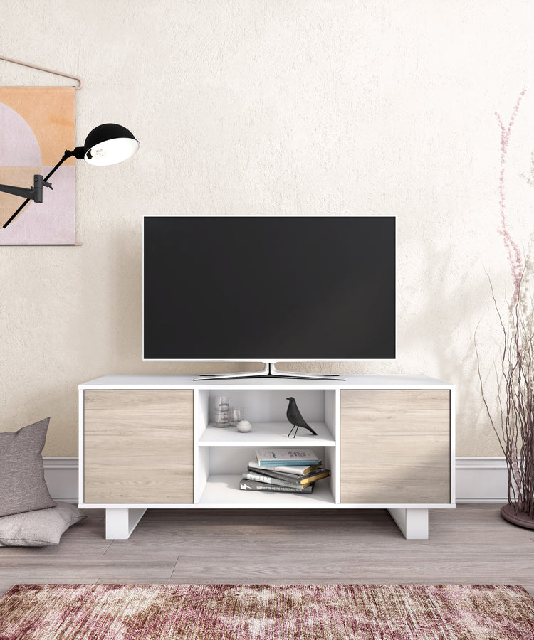 Set Wind, Set di Mobili per Soggiorno, composto da 1 Credenza, 1 Mobile TV140 e 1 Tavolino, Bianco/Rovere, Gambe Bianche