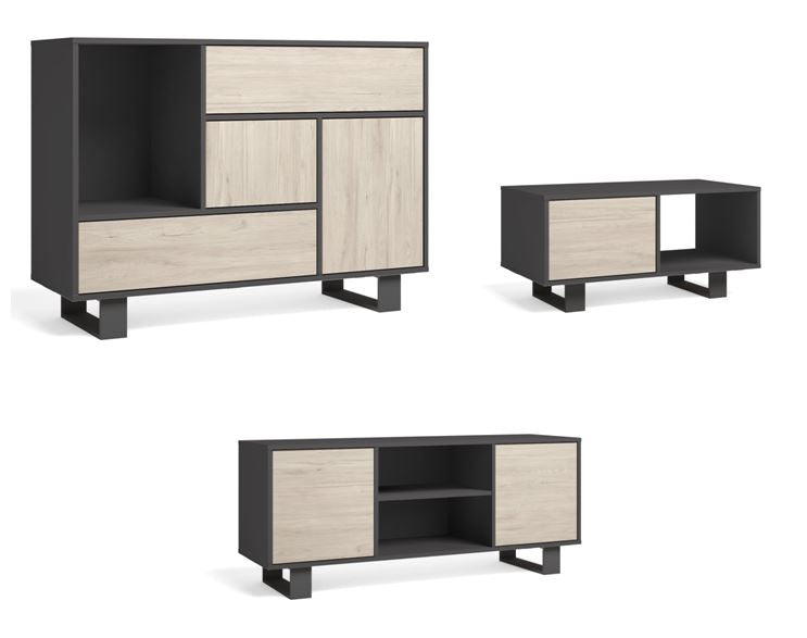 Set Wind, Set di Mobili per Soggiorno, composto da 1 Credenza, 1 Mobile TV140 e 1 Tavolino, Grigio/Rovere, Gambe Nere