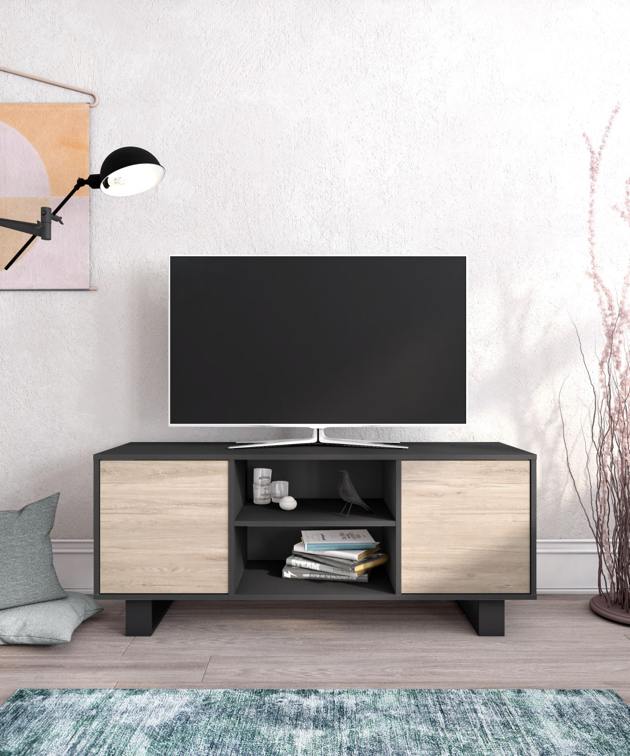 Set Wind, Set di Mobili per Soggiorno, composto da 1 Credenza, 1 Mobile TV140 e 1 Tavolino, Grigio/Rovere, Gambe Nere