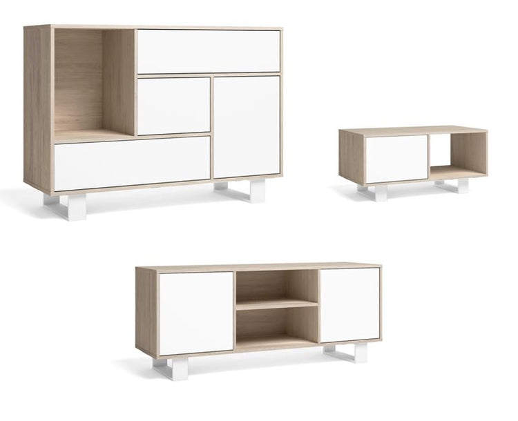 Mobile per Soggiorno composto da 1 Credenza, 1 Mobile TV140 e 1 Tavolino, colore Rovere e Bianco con Gambe Bianche