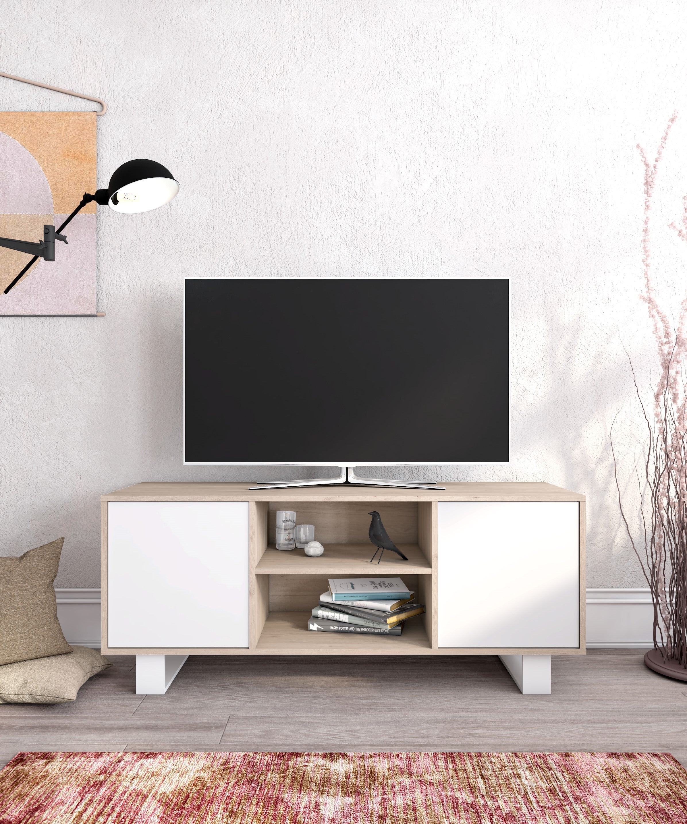 Mobile per Soggiorno composto da 1 Credenza, 1 Mobile TV140 e 1 Tavolino, colore Rovere e Bianco con Gambe Bianche