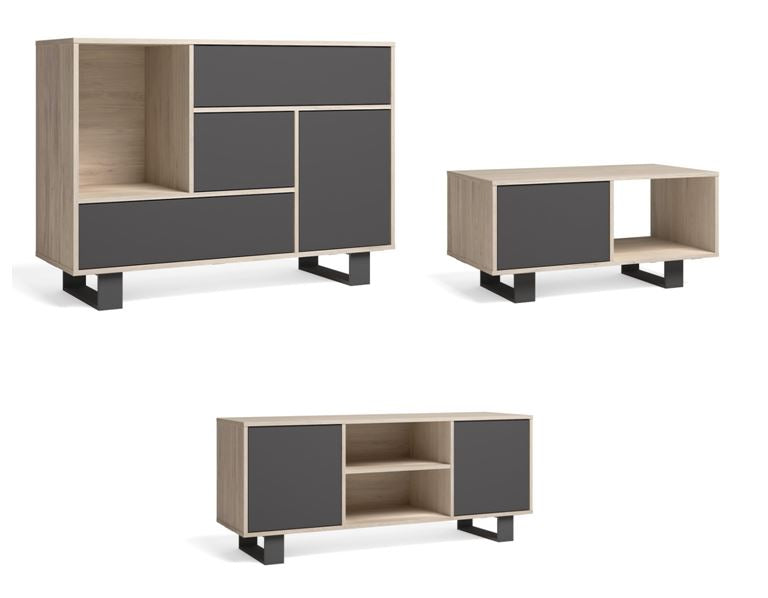 Mobile per Soggiorno composto da 1 Credenza, 1 Mobile TV140 e 1 Tavolino, colore Rovere e Grigio con Gambe Nere