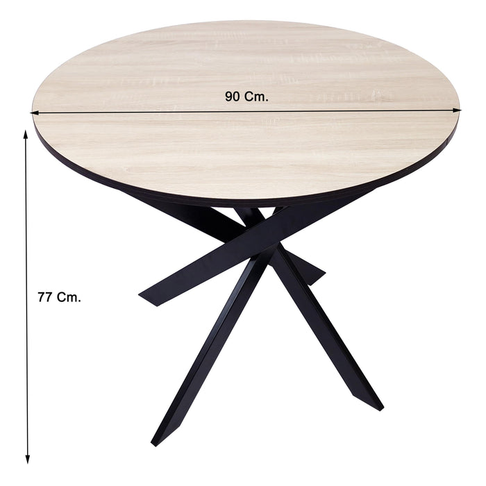 Tavolo da pranzo fisso rotondo 90 x 90 x 77 cm di altezza, 4 persone Colore rovere e bordo nero, Gambe nero opaco