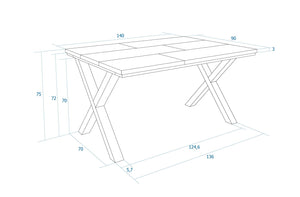 Tavolo da pranzo, 6 posti, 140cm piano colore Cemento e gambe X colore nero