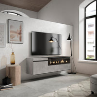 Mobile TV Soggiorno, 150x45x35cm, Per TV fino a 65", Camino elettrico, Sospeso, da appendere, Stile moderno, colore Cemento