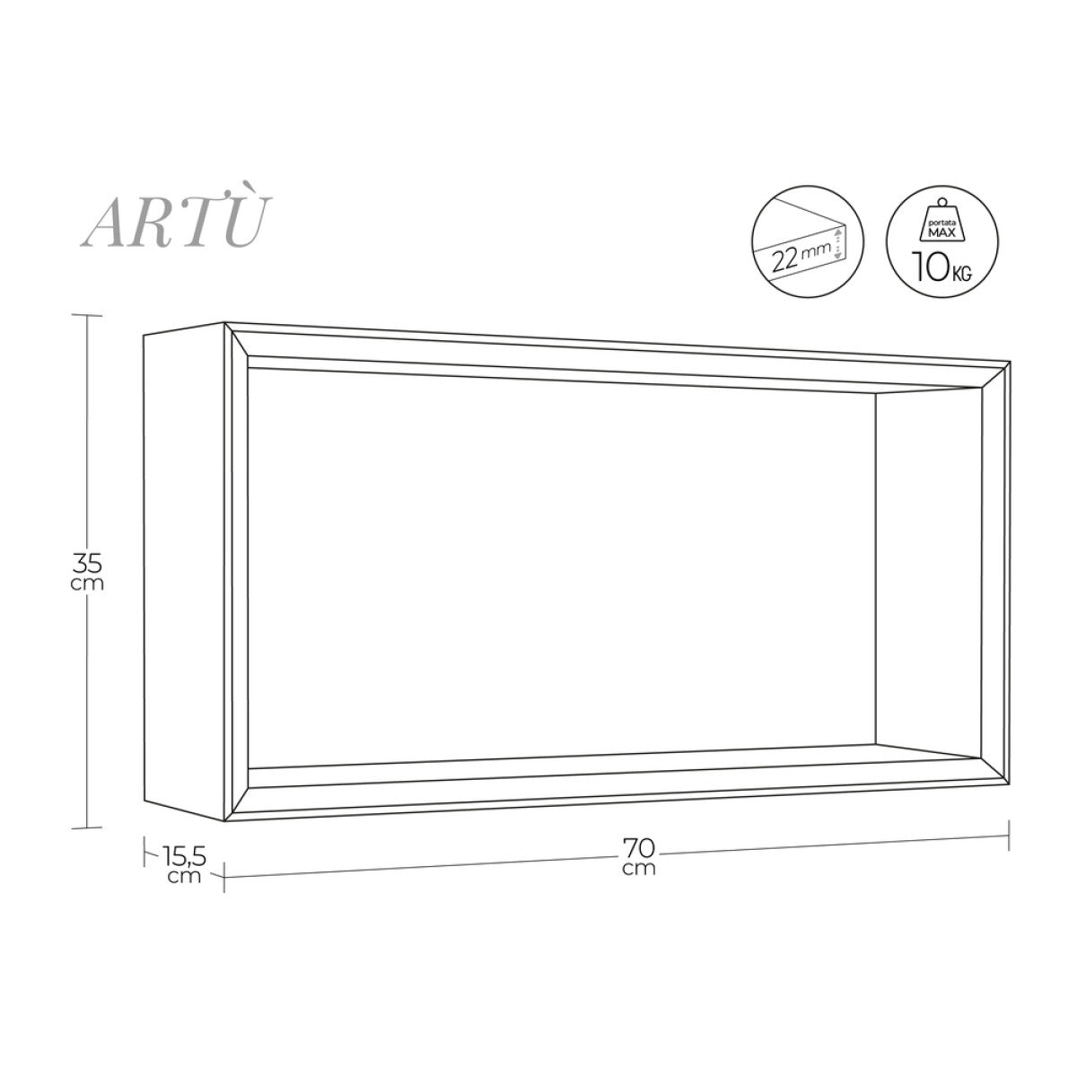 Mensola da Muro Modello ARTU', Pensile Bagno, Mensola da Parete, Scaffale da Parete, 70x35 p15.5 cm. Finitura GRIGIO SASSO - MADE IN ITALY