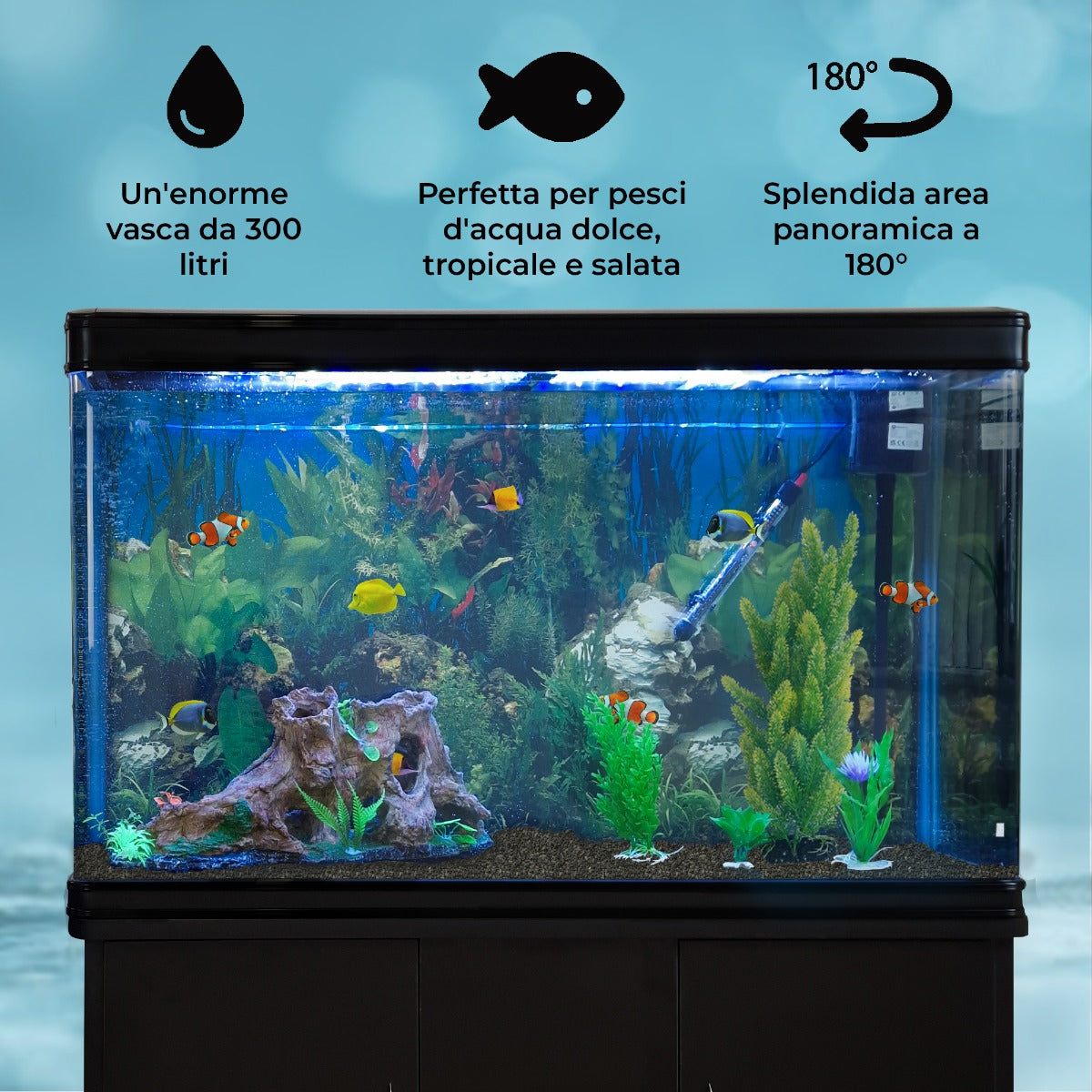 Acquario Grande per Ufficio, Casa e Reception 300 Litri Armadietto Nero