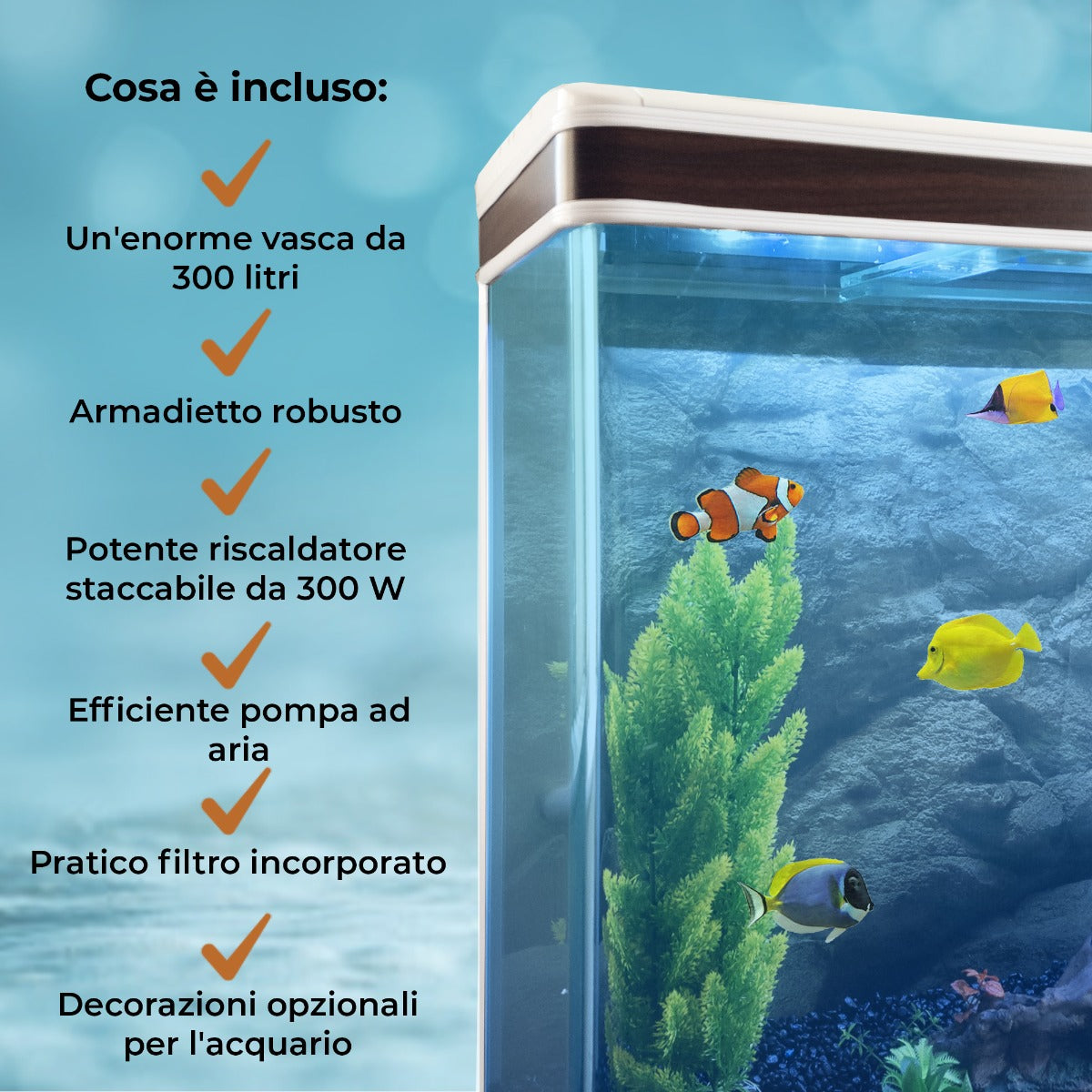 Acquario 300 Litri con Armadietto Bianco e Kit con Piante e Ghiaia Naturale