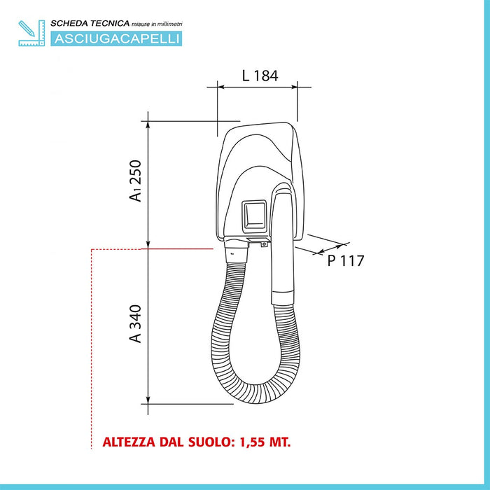 Asciugacapelli a parete con tubo flessibile presa rasoio 3 velocitÃ 