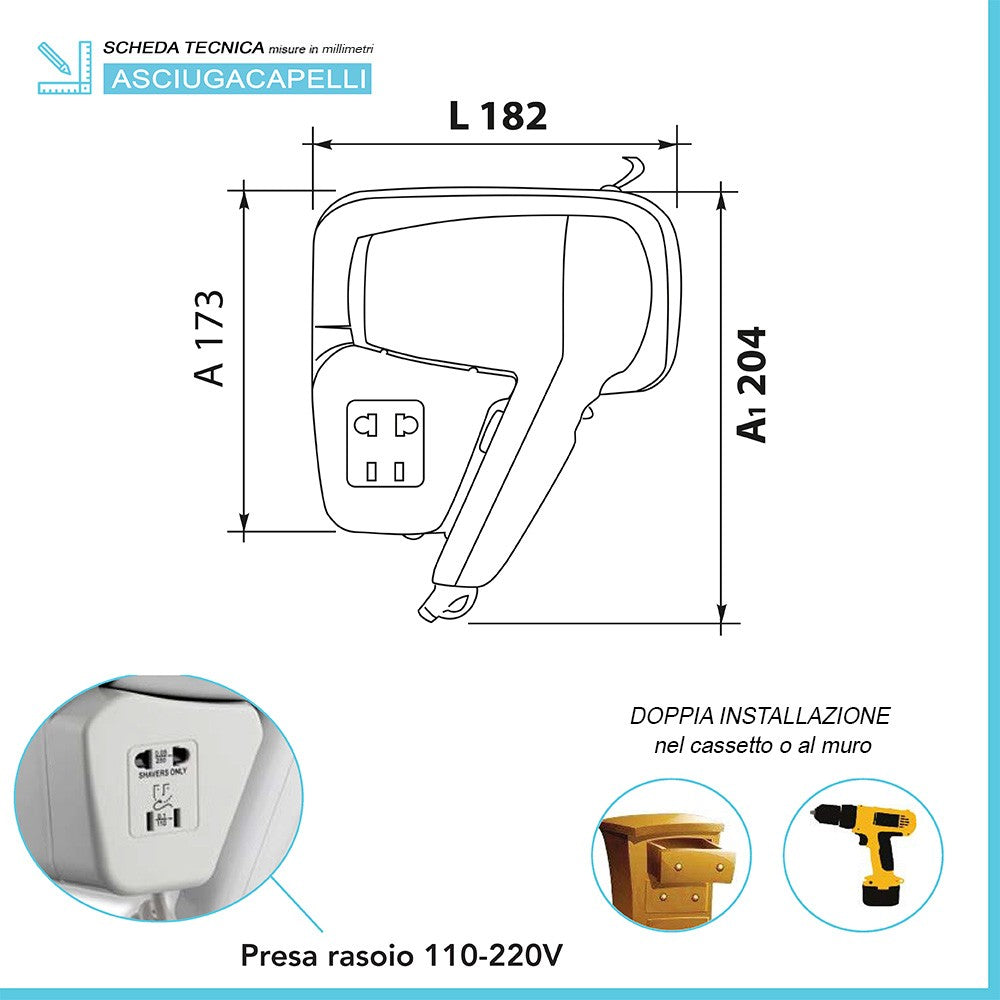 Asciugacapelli da cassetto o parete con presa universale per rasoio