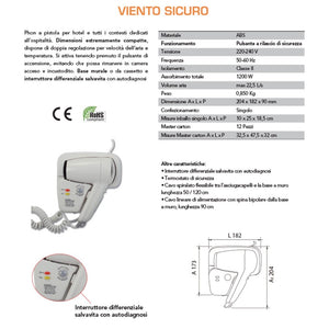 Asciugacapelli a pistola da parete 1200W bianco