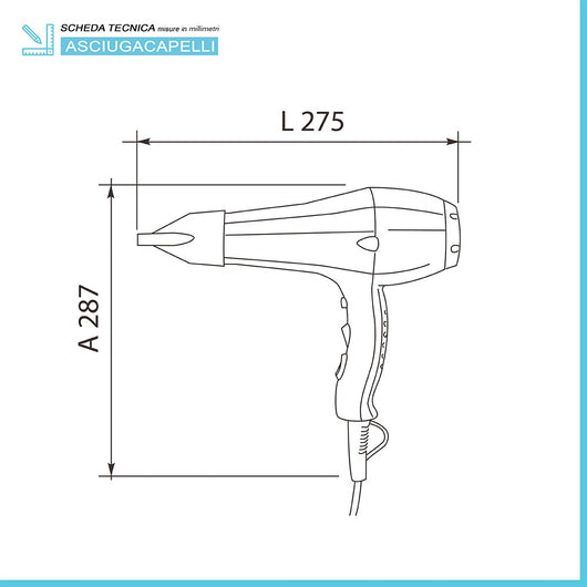 Asciugacapelli phon a pistola 1800W uso hotel in ABS nero