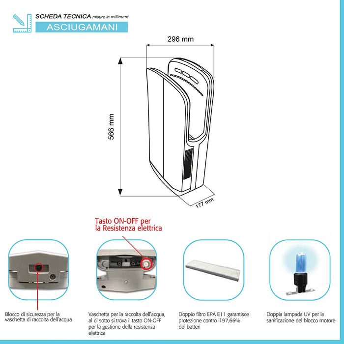 Asciugamani elettrico 1450W automatico salvaspazio bianco