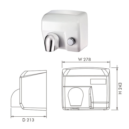 Asciugamani elettrico con pulsante 2400W in acciaio bianco