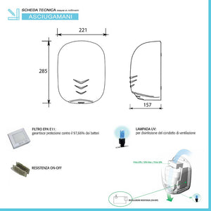 Asciugamani elettrico con sensore 1100W in acciaio inox lucido