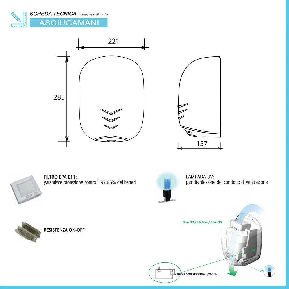 Asciugamani elettrico con sensore 1100W in acciaio inox satinato