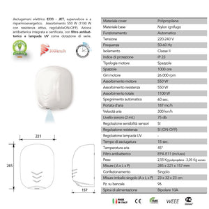 Asciugamani elettrico bianco con fotocellula 1100W 