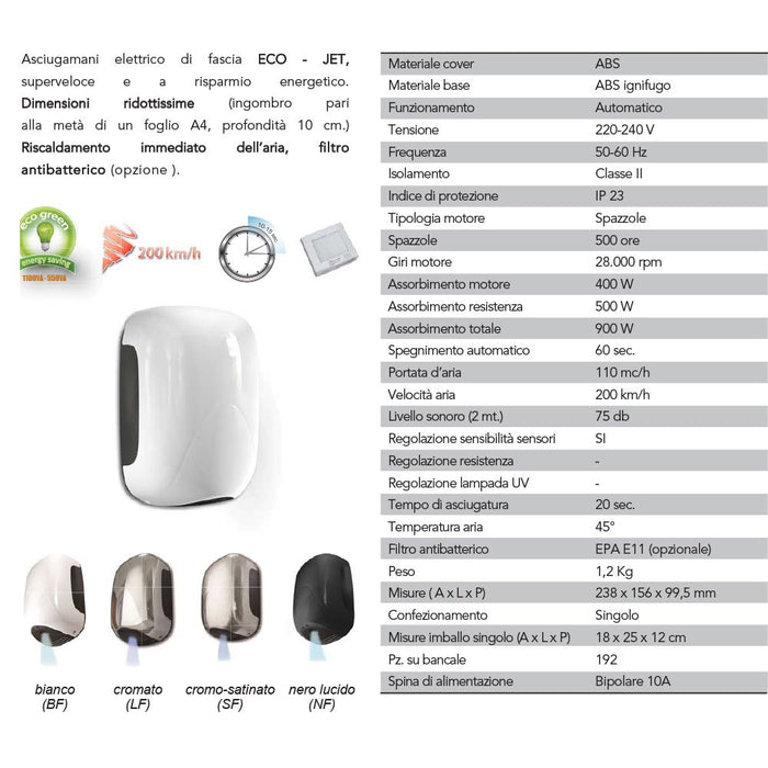 Asciugamani elettrico con fotocellula 900W in ABS bianco