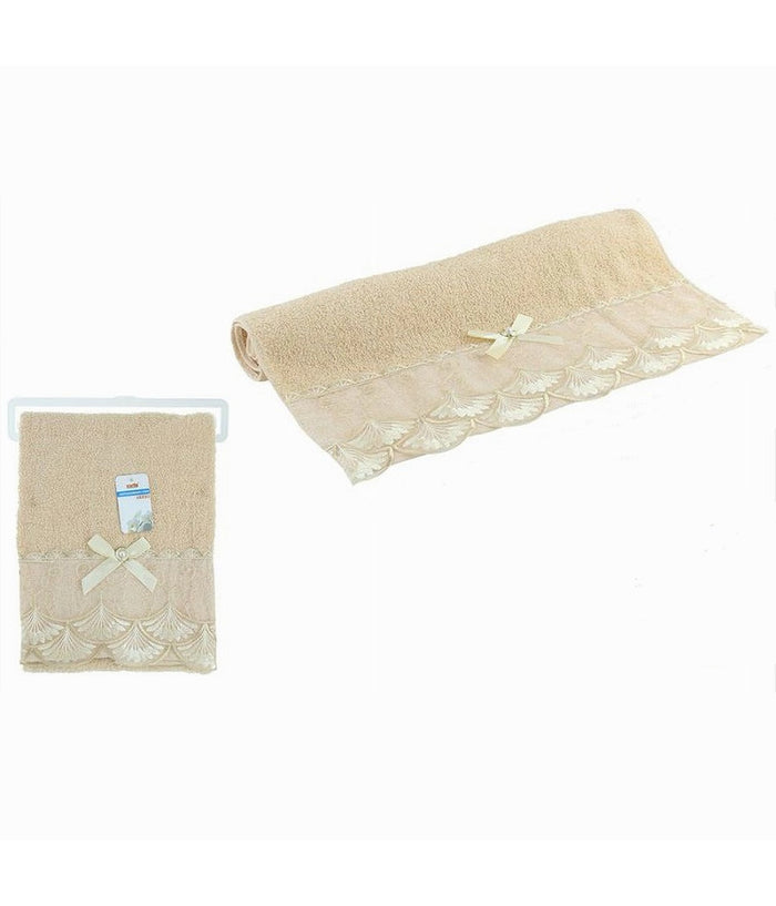 Asciugamano Bagno Viso Cotone Morbido Decorato 48 X 93cm 180gr Beige Scuro 79509         