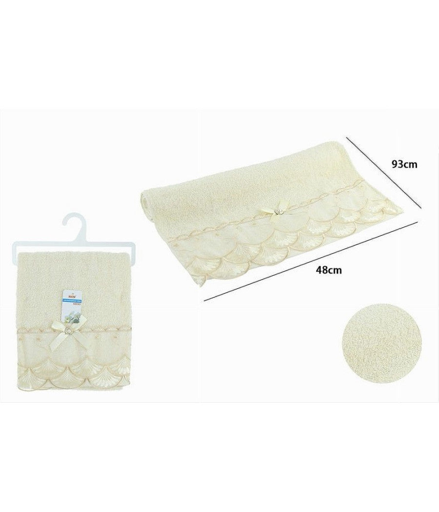 Asciugamano Bagno Viso Cotone Morbido Decorato 48x93 Cm 180gr Beige Chiaro 79503         