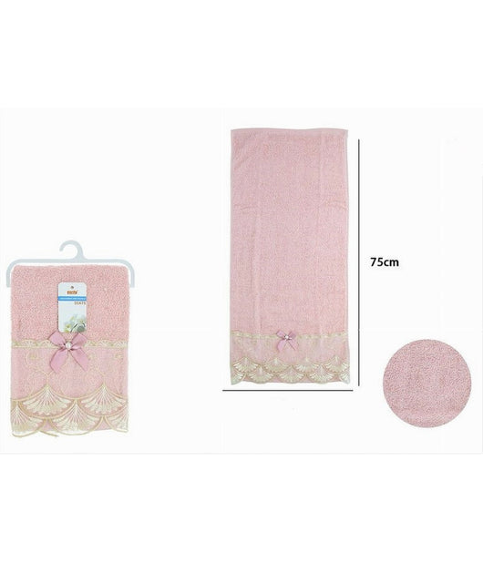 Asciugamano Bagno Viso Piccolo Cotone Morbido Decorato 35 X 75cm 95gr Rosa 79505         