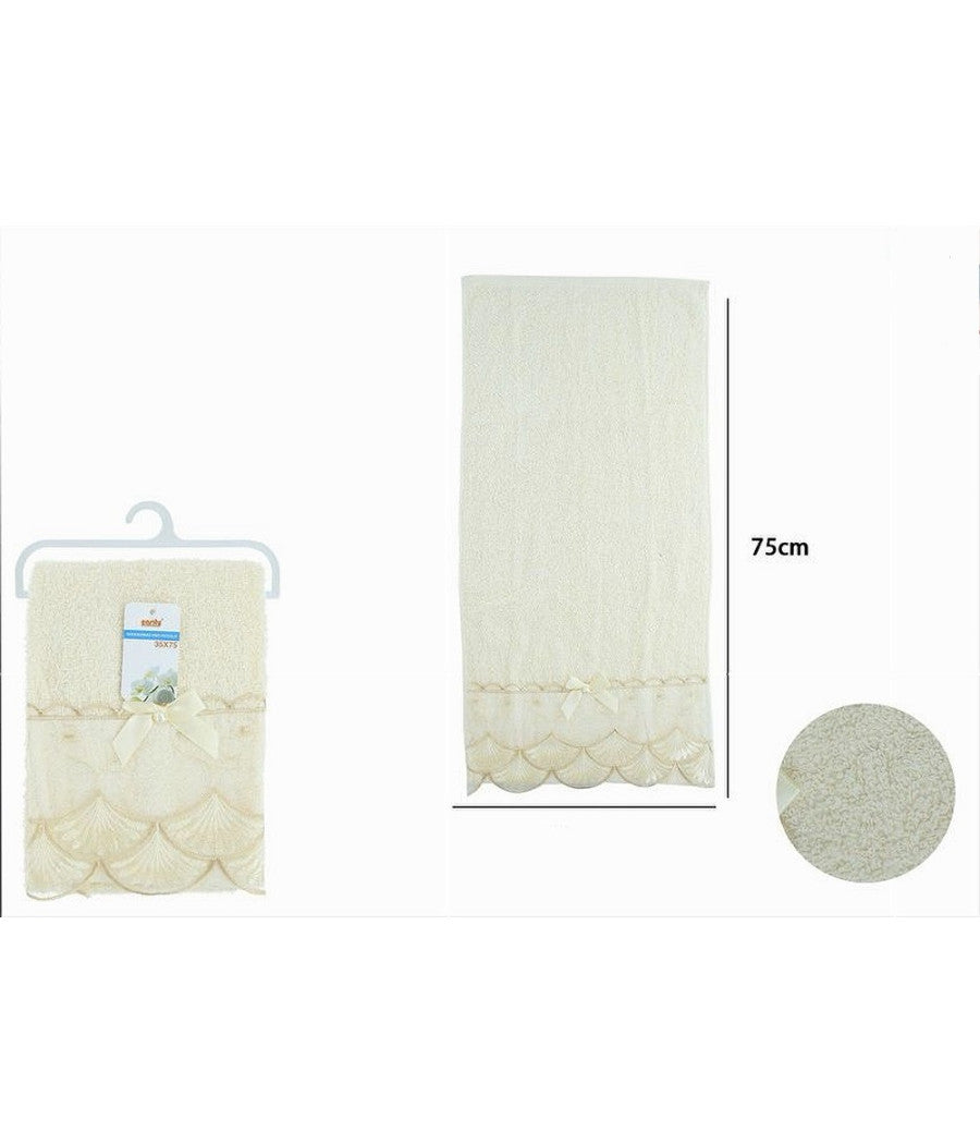 Asciugamano Bagno Viso Piccolo Cotone Morbido Decorato 35x75cm Beige Chiaro 79502         