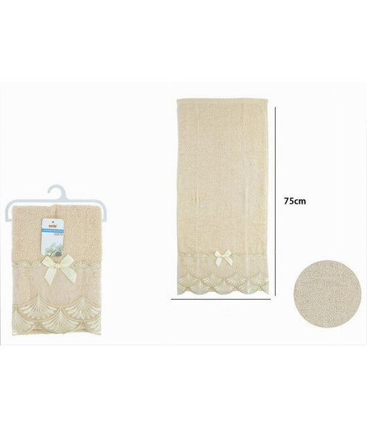 Asciugamano Bagno Viso Piccolo Cotone Morbido Decorato 35x75cm Beige Scuro 79508         