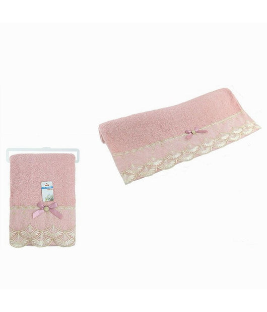 Asciugamano Da Bagno Telo In Cotone Morbido Decorato 70 X 140cm 380gr Rosa 79507         