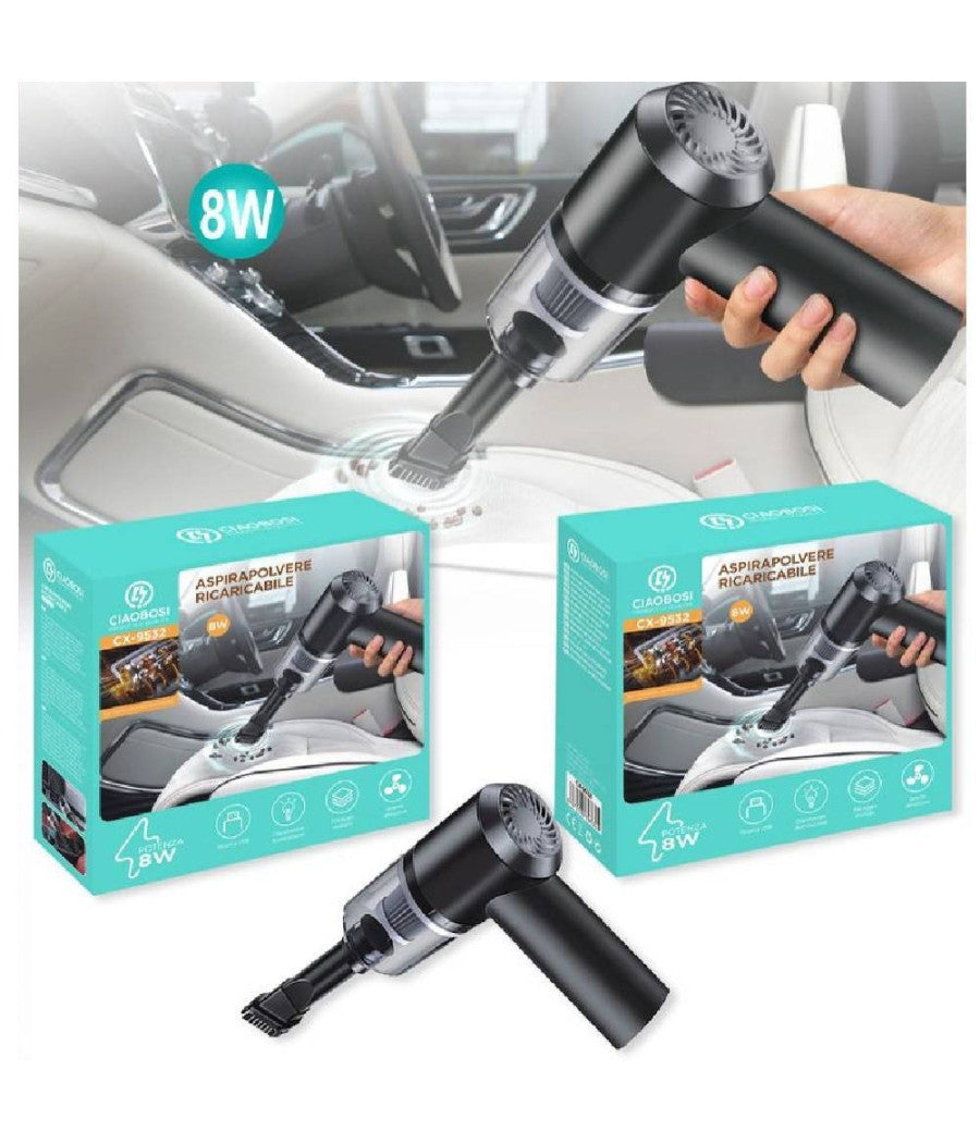 Aspirapolvere A Pistola 2 In 1 Casa Auto Ricaricabile Usb Con Led 8 Watt Cx-9532         