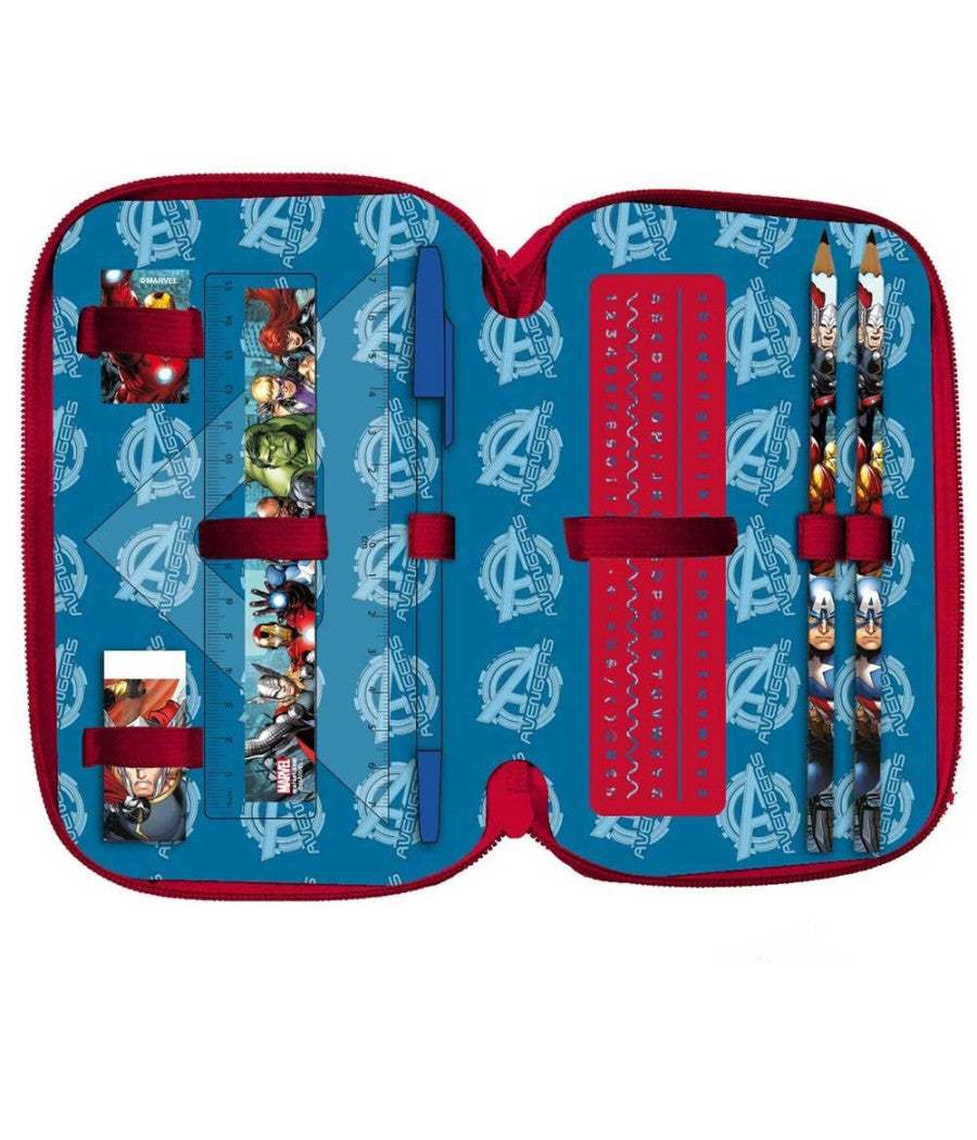 Astuccio Portapastelli Scuola 3 Zip Cerniera Avengers Supereroi Accessoriato         