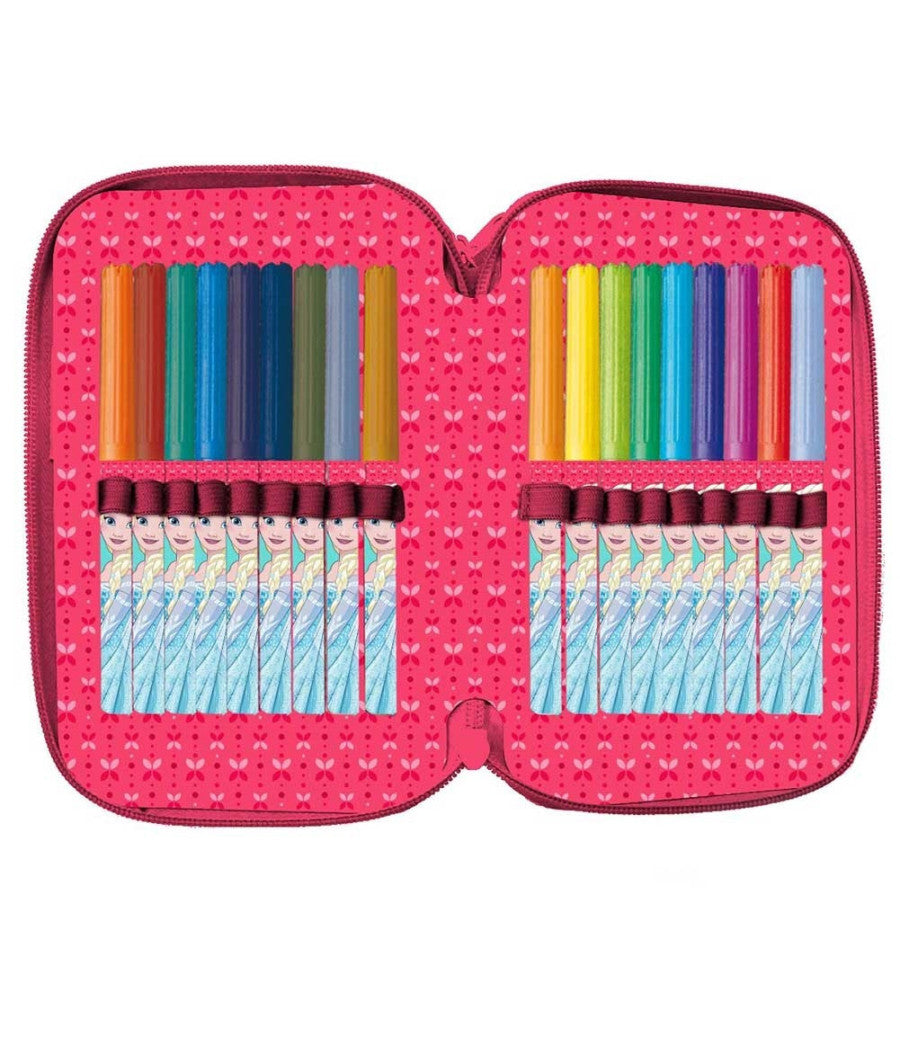 Astuccio Portapastelli Scuola 3 Zip Frozen Accessoriato Con Pastelli Pennarelli         