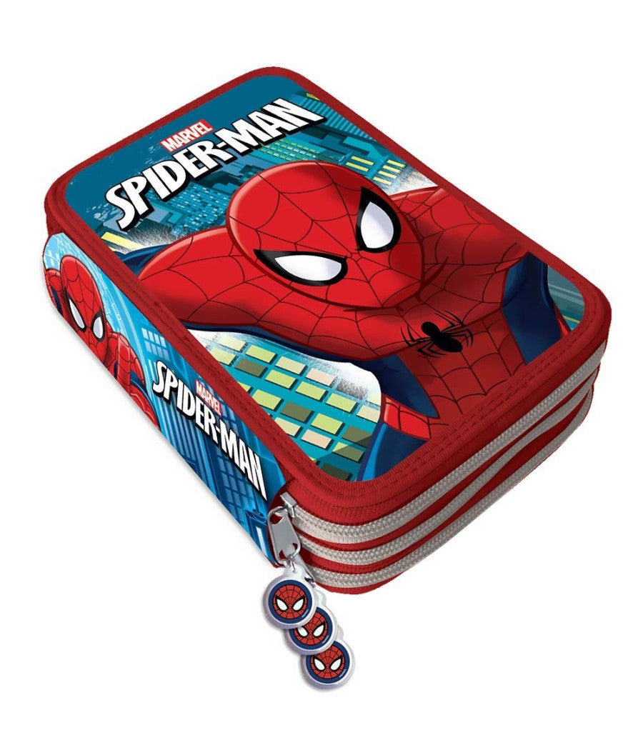 Astuccio Portapastelli Scuola 3 Zip Spiderman Con Accessori Pastelli Pennarelli         