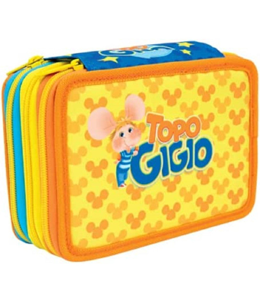 Astuccio Triplo Multicolore Topo Gigio 3 Scomparti Zip Scuola Portapastelli         