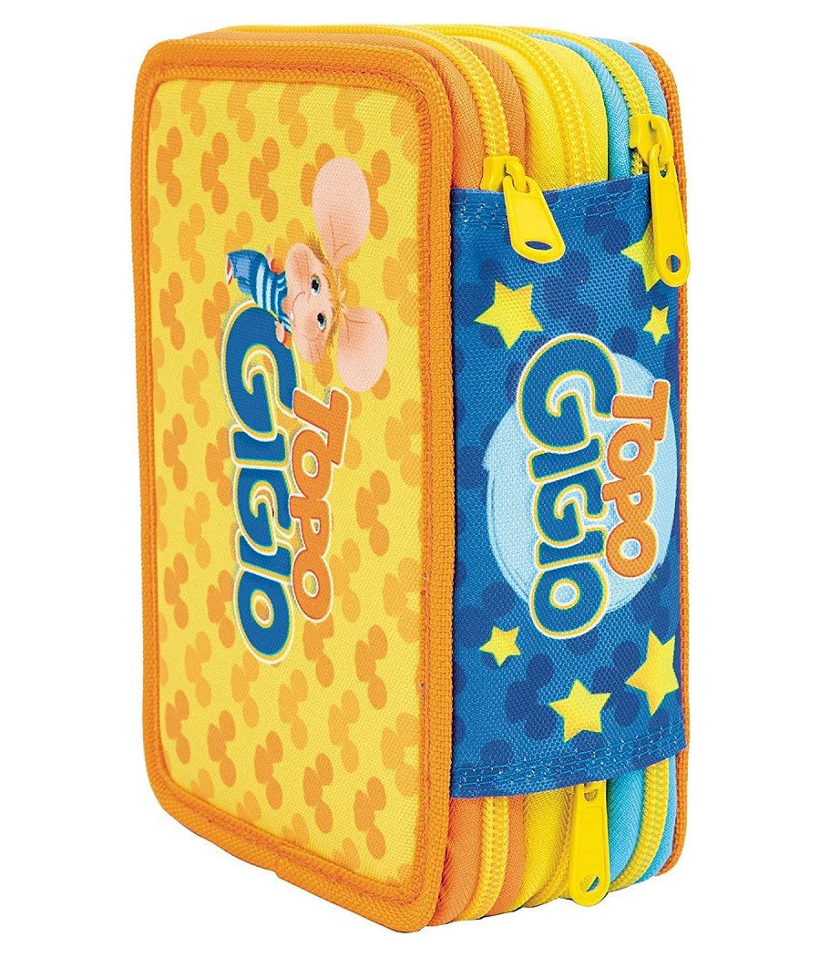 Astuccio Triplo Multicolore Topo Gigio 3 Scomparti Zip Scuola Portapastelli         