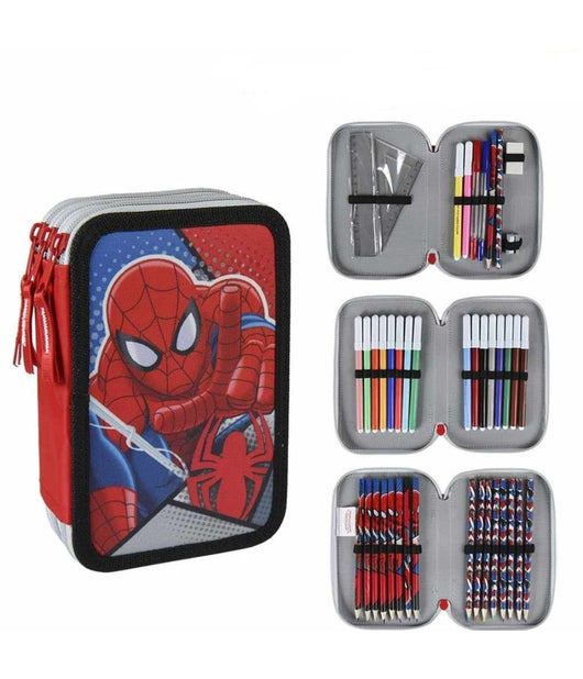 Astuccio Triplo Spiderman 3 Zip Completo Accessoriato Bambini Scuola         