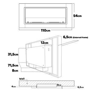 Augusto - Caminetto a bioetanolo da incasso con 2 bruciatori da 1.5L. Camino a bioetanolo in acciaio inox e vetro temperato. 110x54 cm colore nero