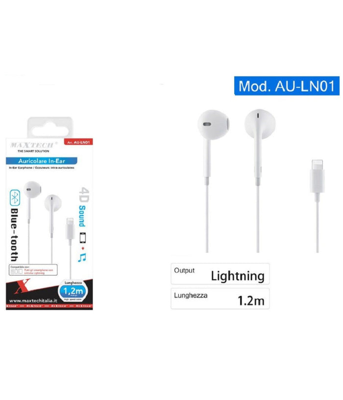 Auricolari Cuffie Con Connettore Lightning Per Iphone Ipad Ipod Maxtech Au-ln01         