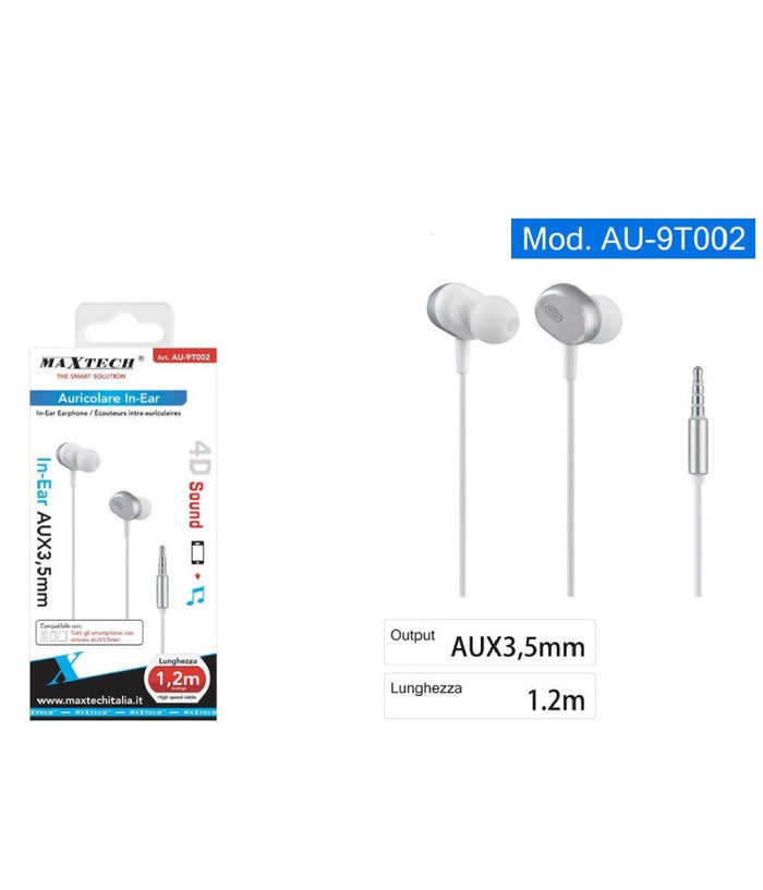 Auricolari Cuffie In-ear Aux 3,5mm Per Smartphone Filo 1,2 Mt Suono 4d Au-9t002         