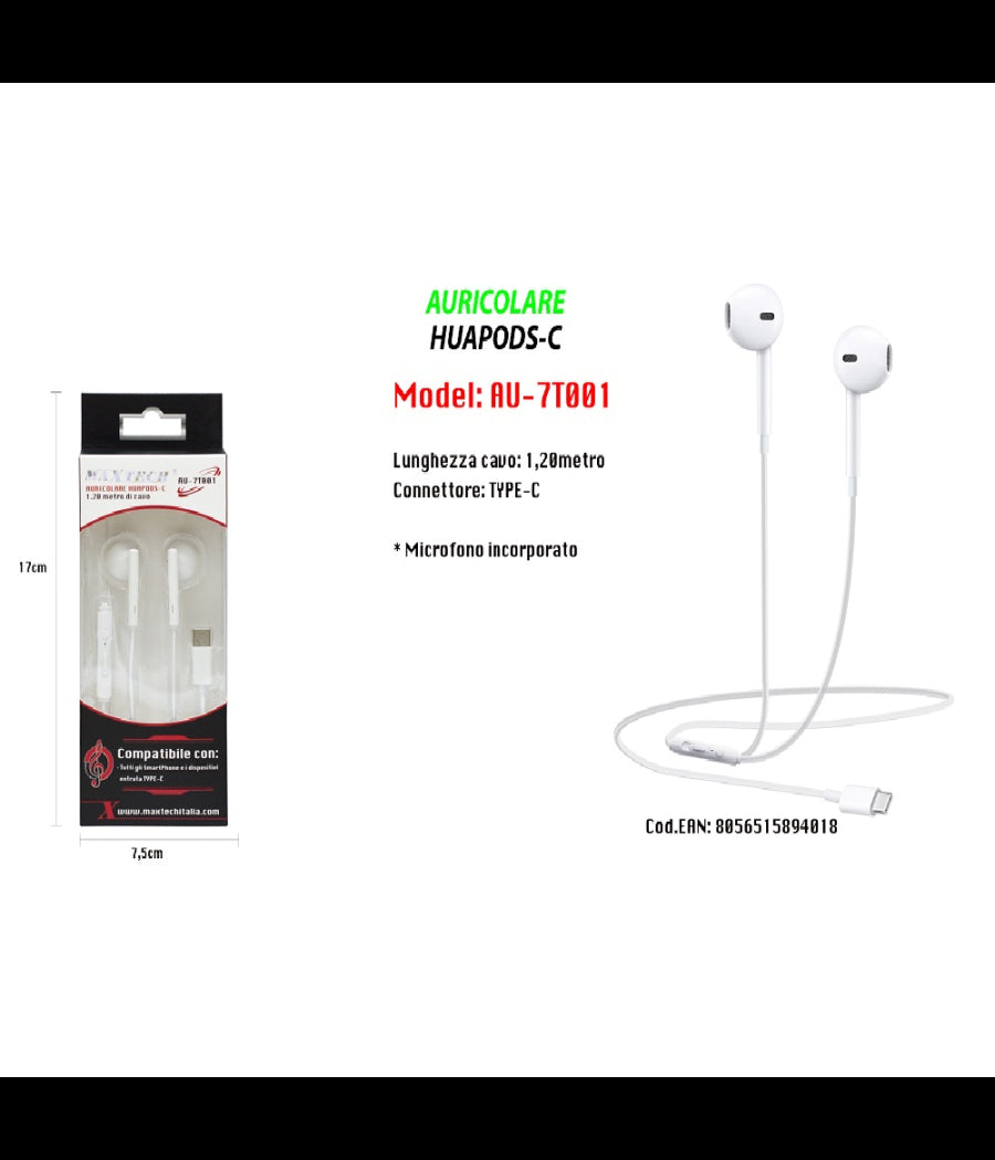 Auricolari Huapods-c Cuffie Per Smartphone Type-c Con Microfono Maxtech Au-7t001         