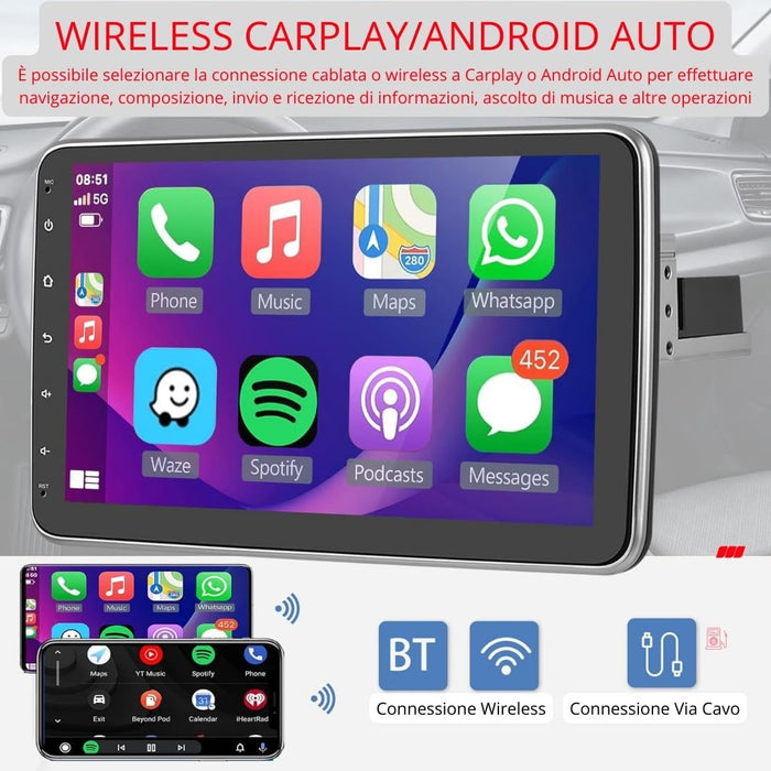 Autoradio Android 1 Din, Radio Carplay Wireless con schermo touch da 10,1 Pollici