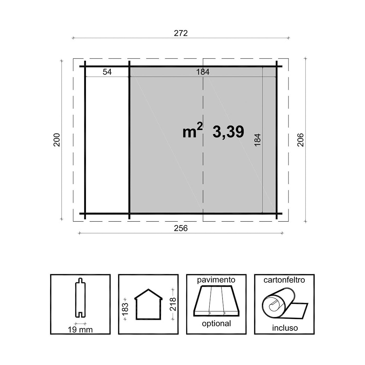 Ava - casetta da giardino con legnaia in legno di pino 265x250 cm