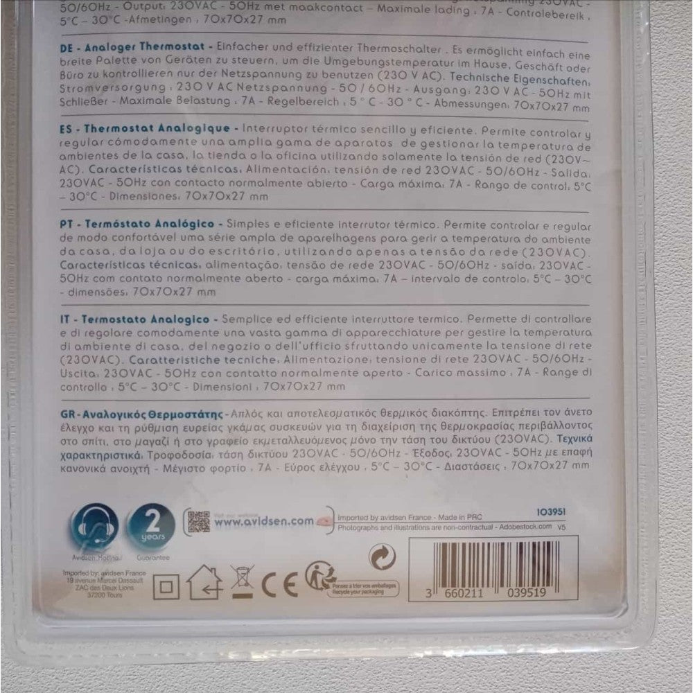 Avidsen termostato ambiente analogico colore bianco senza interruttore