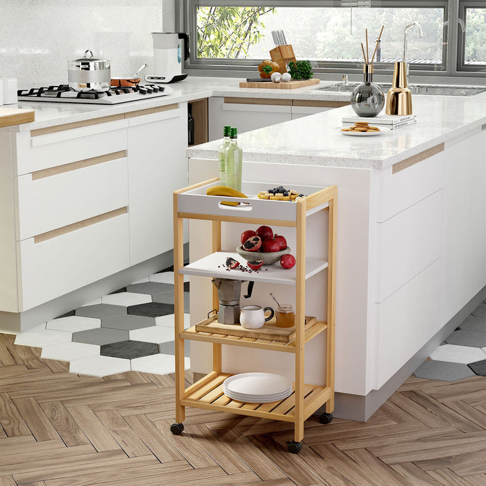 Carrello da Cucina 40x30x76 cm in MDF e Legno di Pino Bianco e Marrone