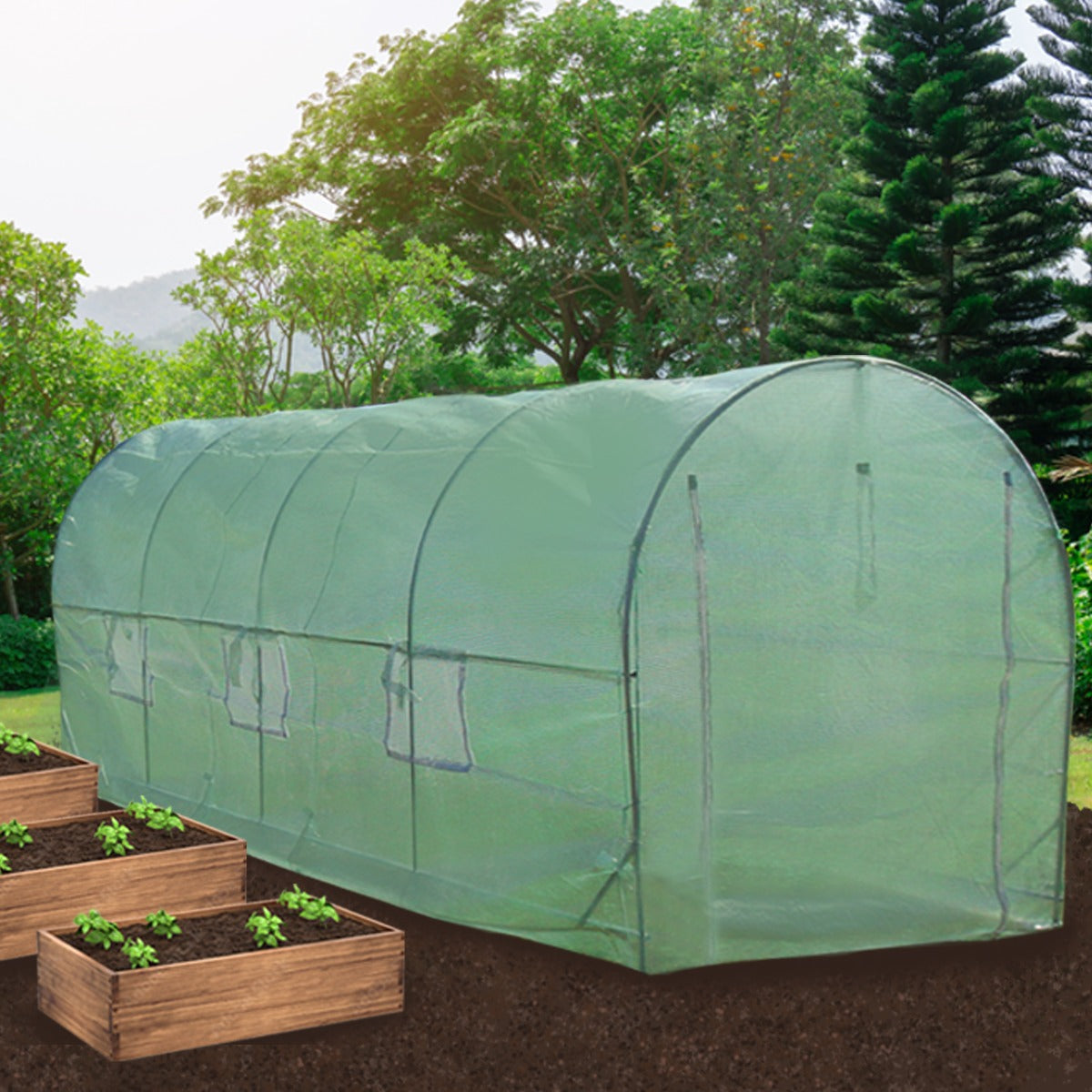 Serra da Giardino a Tunnel da Esterno in Polietilene Resistente alla Corrosione e Raggi UV Telaio in Ferro Galvanizzato per Piante Giardinaggio - 25mm - 6m x 3m