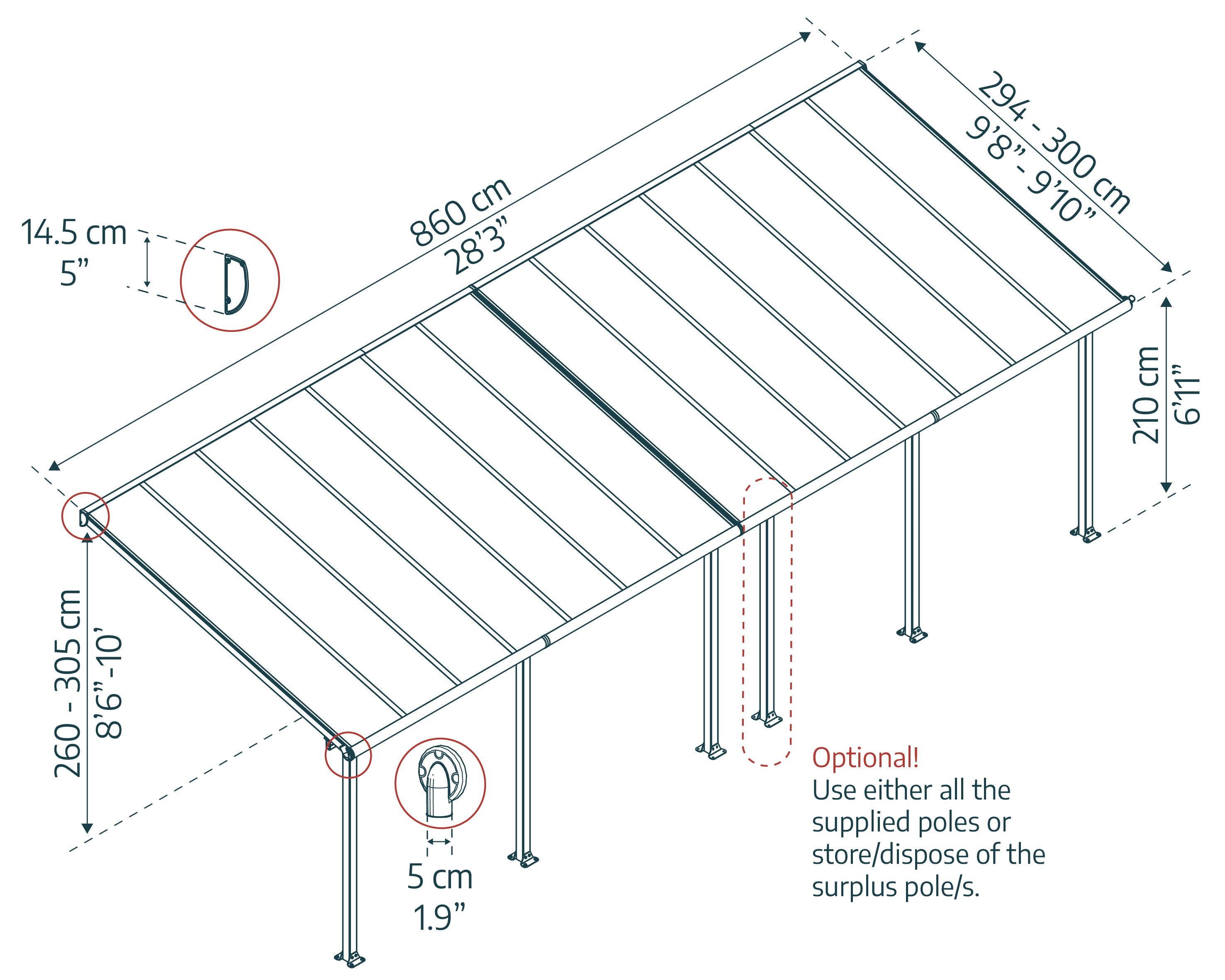 Pergola Addossata in Alluminio Olympia 3X8.6 m Grigio