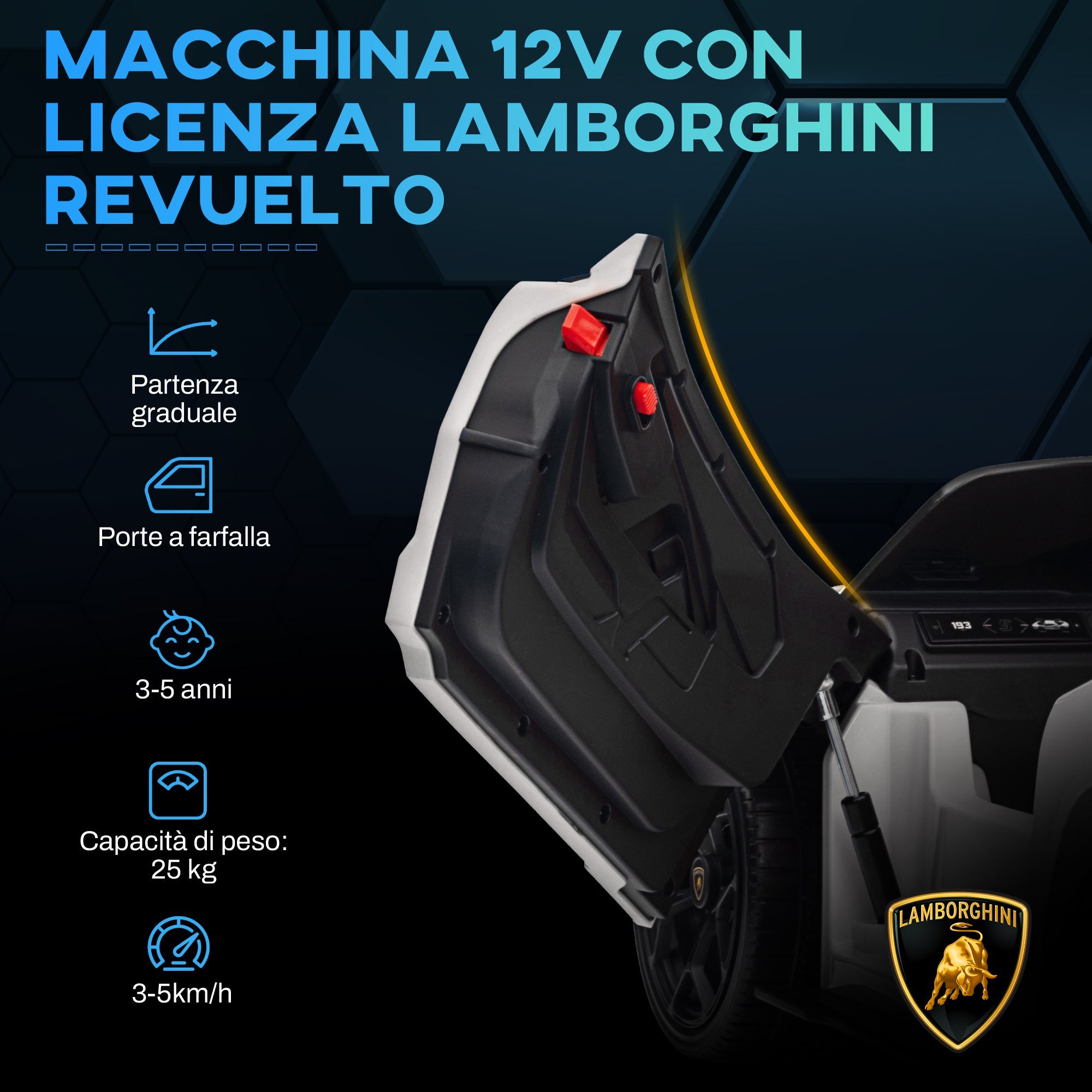 Macchina Elettrica per Bambini Licenza Lamborghini Revuelto 12V Guida Manuale e Telecomando Bianco